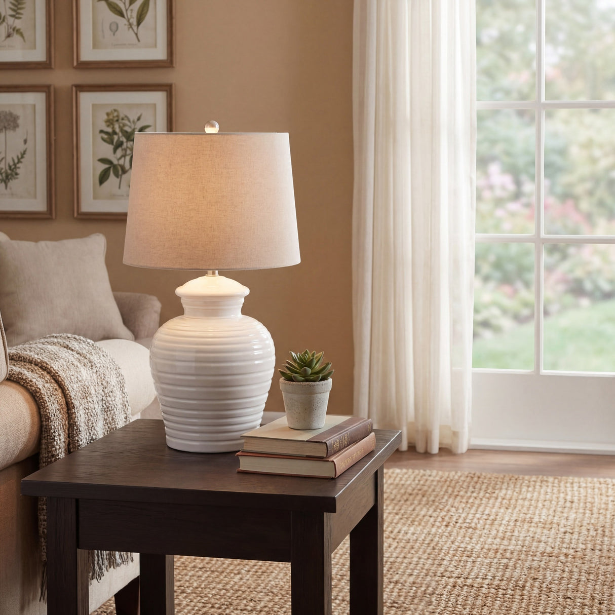 Ceramic Pot Table Lamp with Linen Shade – White