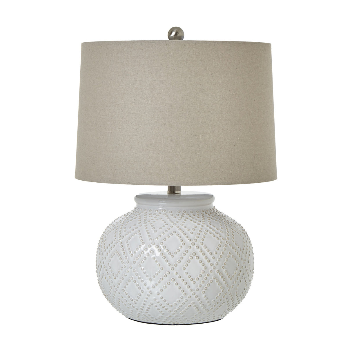 Squat Beaded Ceramic Table Lamp with Linen Shade – White