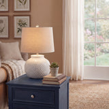 Squat Beaded Ceramic Table Lamp with Linen Shade – White