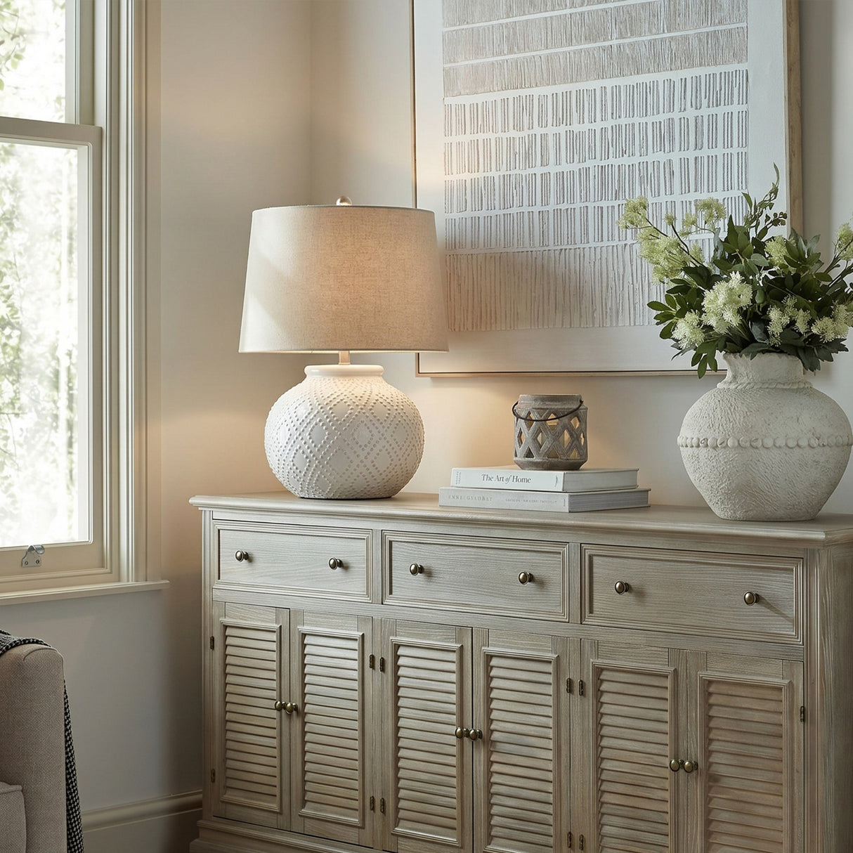 Squat Beaded Ceramic Table Lamp with Linen Shade – White