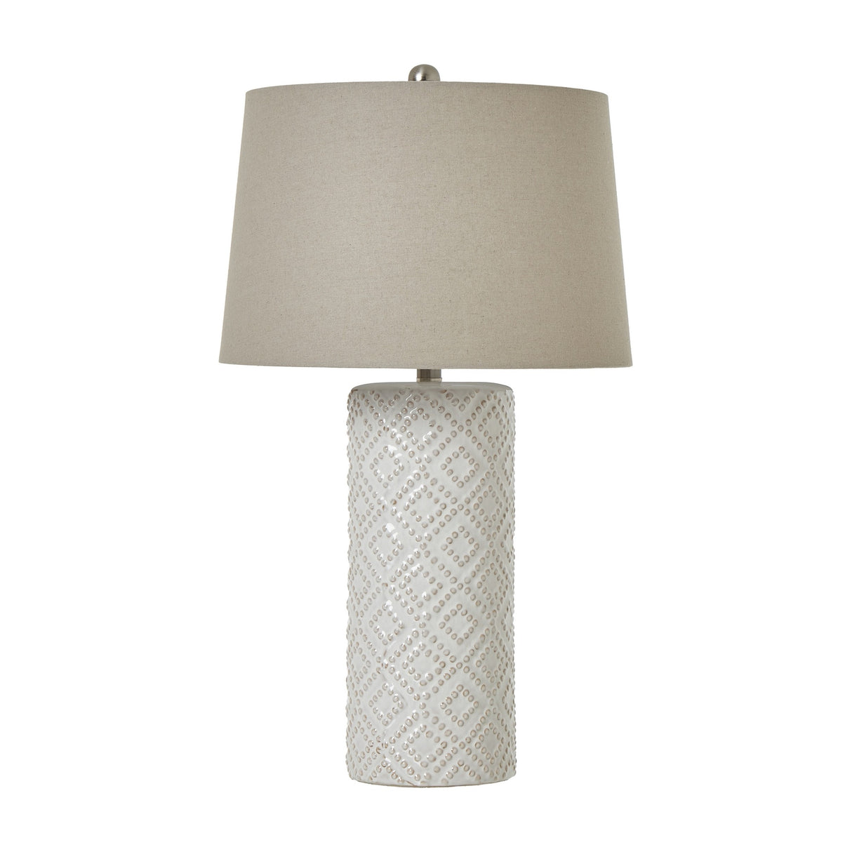 White Beaded Ceramic Table Lamp with Linen Shade – White