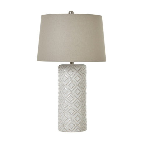 Hill Interiors White Beaded Ceramic Table Lamp with tapered natural linen shade and cylindrical white glazed base with raised diamond beading.