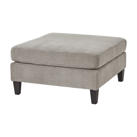 Hill Interiors Upholstered Ottoman Foot Stool in beige woven fabric with a square padded top and dark tapered wooden legs, on a white background.