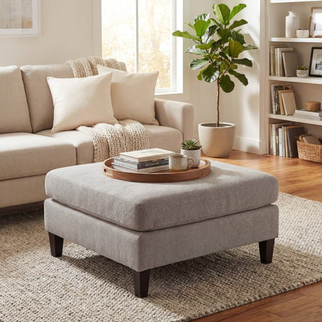 Hill Interiors beige upholstered square ottoman foot stool with wooden legs, styled with a round tray in a neutral living room beside a cream sofa.
