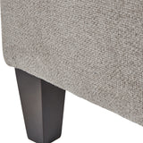 Close-up of the Hill Interiors Upholstered Ottoman Foot Stool showing beige woven fabric and a tapered dark wooden leg against a white background.