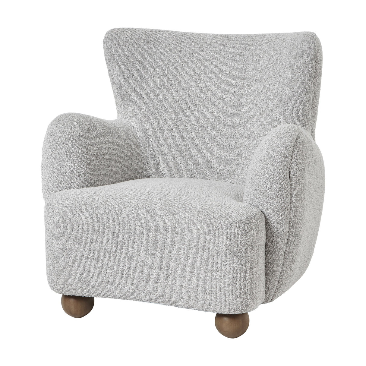 Hill Interiors Large Arm Accent Chair in greige-beige bouclé upholstery with a curved wingback silhouette and rounded wooden ball feet, on a white background.