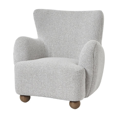 Hill Interiors Large Arm Accent Chair in greige-beige bouclé upholstery with a curved wingback silhouette and rounded wooden ball feet, on a white background.
