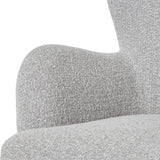 Close-up of the Hill Interiors Large Arm Accent Chair showing the curved upholstered backrest and seat in textured greige-beige woven fabric.