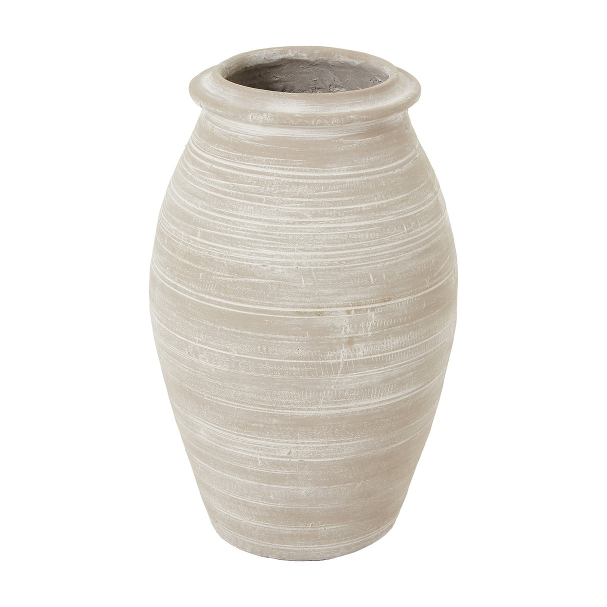 Hill Interiors Shaded Sand ceramic vase in beige with a rounded body, horizontal ribbed banding, and narrower neck, shown on a plain white background.