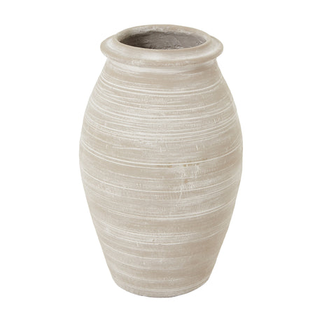 Hill Interiors Shaded Sand ceramic vase in beige with a rounded body, horizontal ribbed banding, and narrower neck, shown on a plain white background.