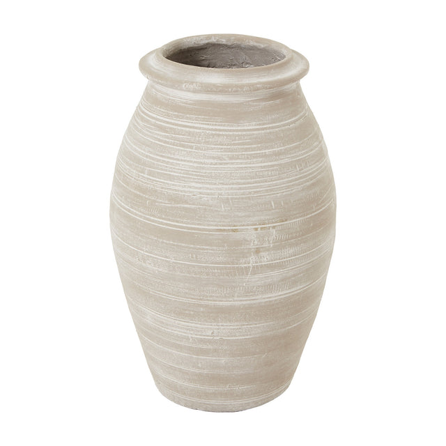 Hill Interiors Shaded Sand ceramic vase in beige with a rounded body, horizontal ribbed banding, and narrower neck, shown on a plain white background.