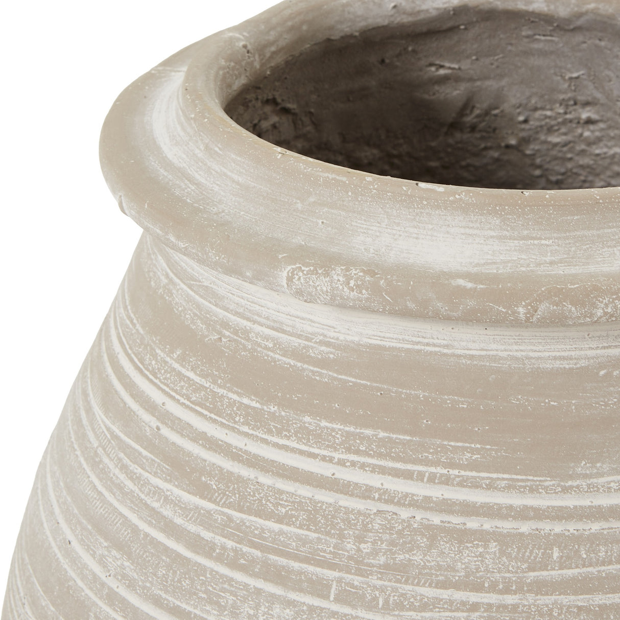 Close-up of the Hill Interiors Shaded Sand ceramic vase showing its beige matte finish, ribbed textured surface and rounded rolled rim.
