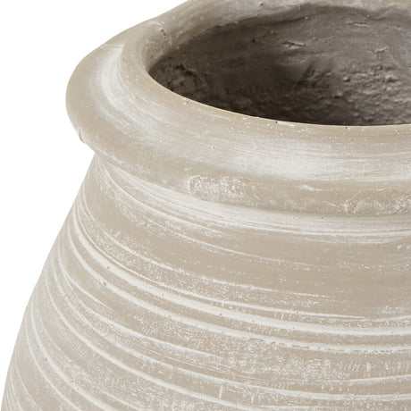Close-up of the Hill Interiors Shaded Sand ceramic vase showing its beige matte finish, ribbed textured surface and rounded rolled rim.