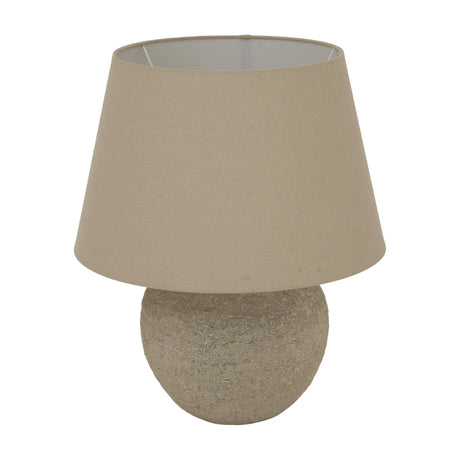 Hill Interiors Ceramic Table Lamp in grey with a textured rounded base and tapered neutral linen shade, shown on a plain white background.
