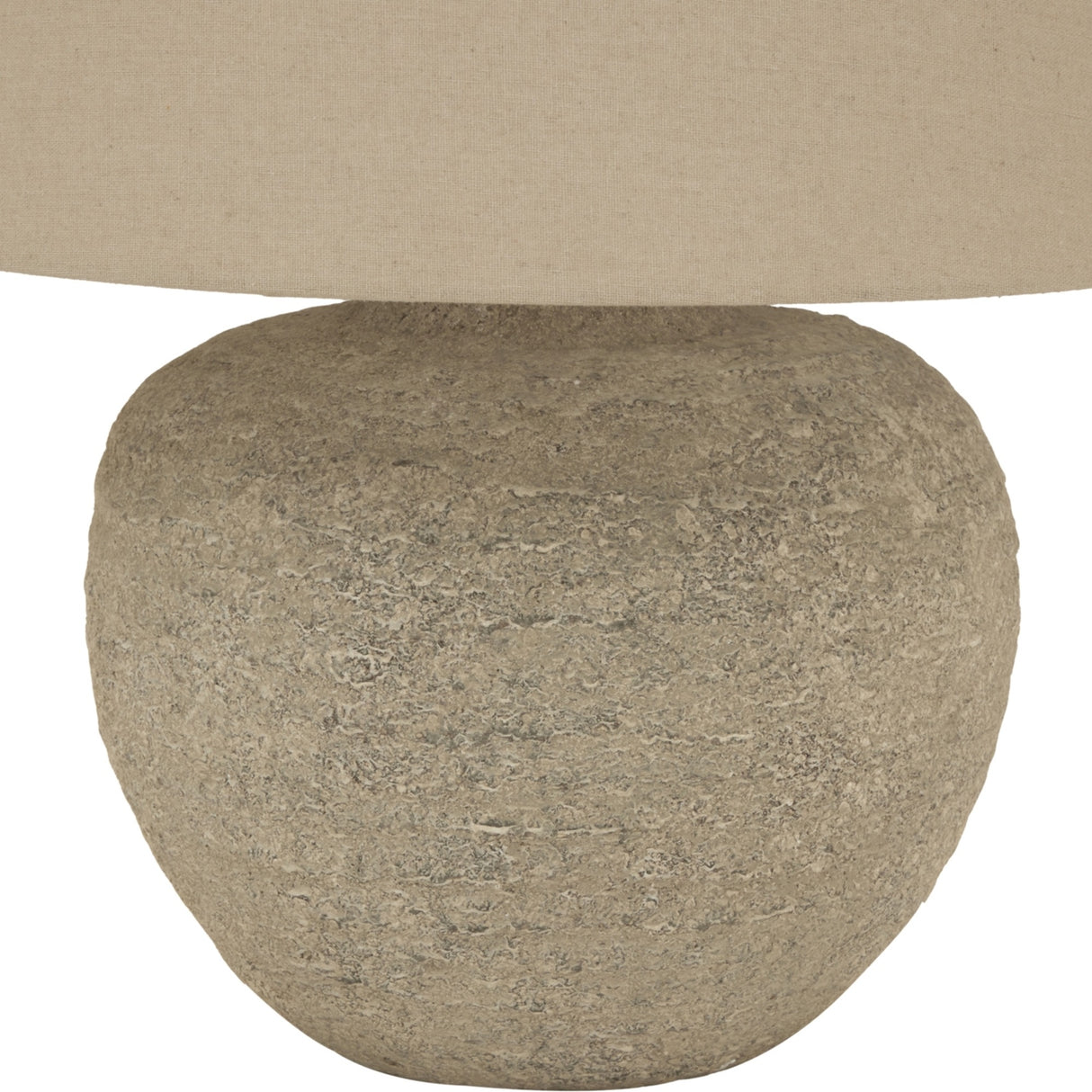 Hill Interiors Ceramic Table Lamp in grey with a rounded, textured stone-effect base and neutral linen drum shade, shown on a plain white background.
