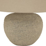 Hill Interiors Ceramic Table Lamp in grey with a rounded, textured stone-effect base and neutral linen drum shade, shown on a plain white background.