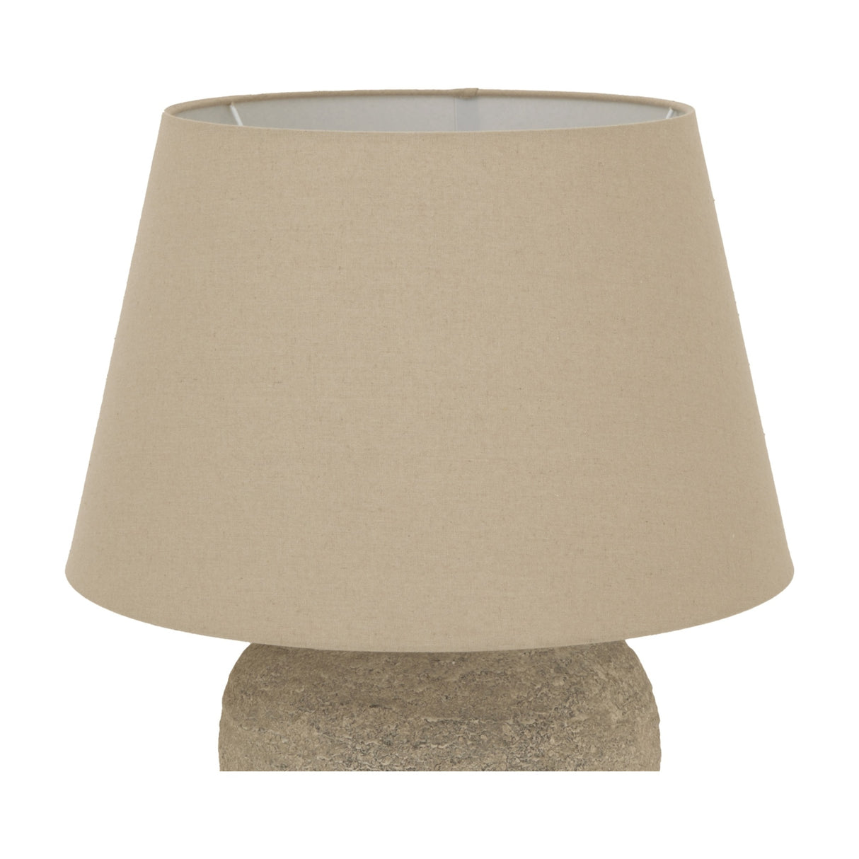 Hill Interiors Ceramic Table Lamp in grey with a textured rounded base and tapered beige linen shade, shown on a plain white background.