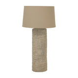 Hill Interiors Tall Ceramic Table Lamp in grey with a ribbed textured cylindrical base and tapered oatmeal drum shade, shown on a plain white background.