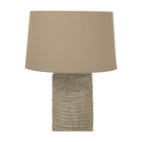 Hill Interiors Tall Ceramic Table Lamp in grey with a ribbed textured base and tapered oatmeal drum shade, shown on a plain white background.
