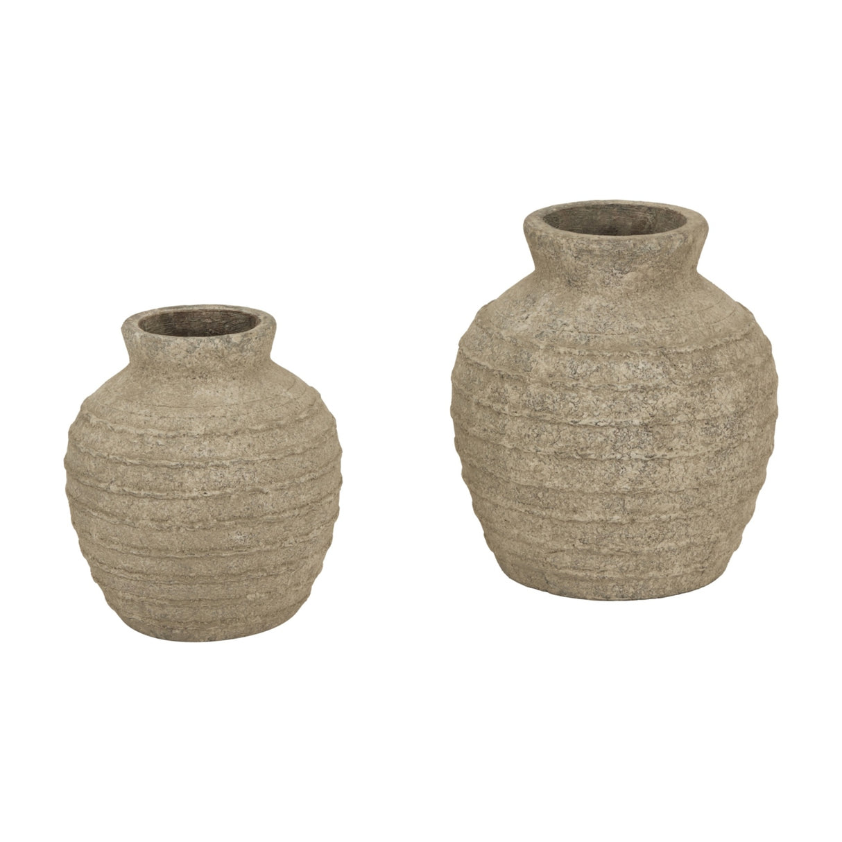Hill Interiors Large Ceramic Vase in grey shown as a pair, with rounded textured bodies and short necks, set against a plain white background.