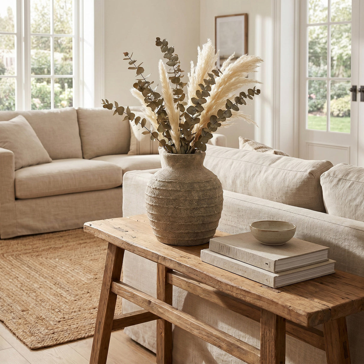 Hill Interiors Large Ceramic Vase in grey with ribbed body, holding dried eucalyptus and pampas on a wooden bench in a neutral linen living room.