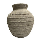 Hill Interiors Large Ceramic Vase in grey with a rounded body, tapered base, wide neck and textured horizontal ridges, on a white background.