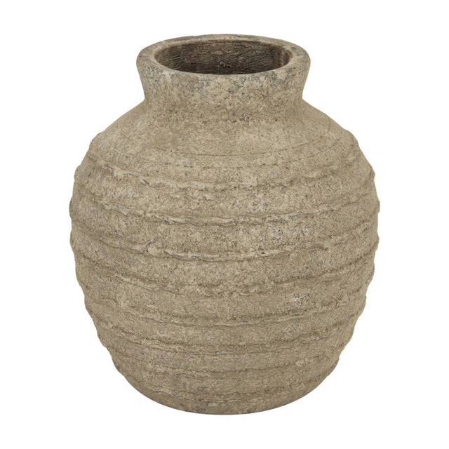Hill Interiors Medium Ceramic Vase in grey with a rounded belly, narrow neck and horizontal ridged texture, shown on a plain white background.