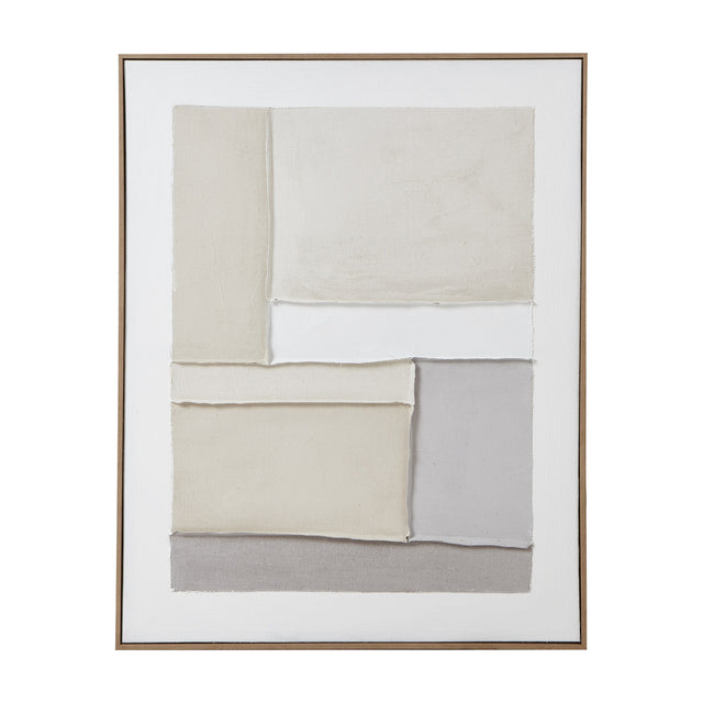 Hill Interiors Framed Painting on Canvas in portrait format, featuring layered cream, beige and grey rectangular shapes within a slim wooden frame.
