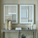 Hill Interiors Framed Painting on Canvas in brown displayed as a pair of abstract wall art pieces above a grey console table with vases and candles.