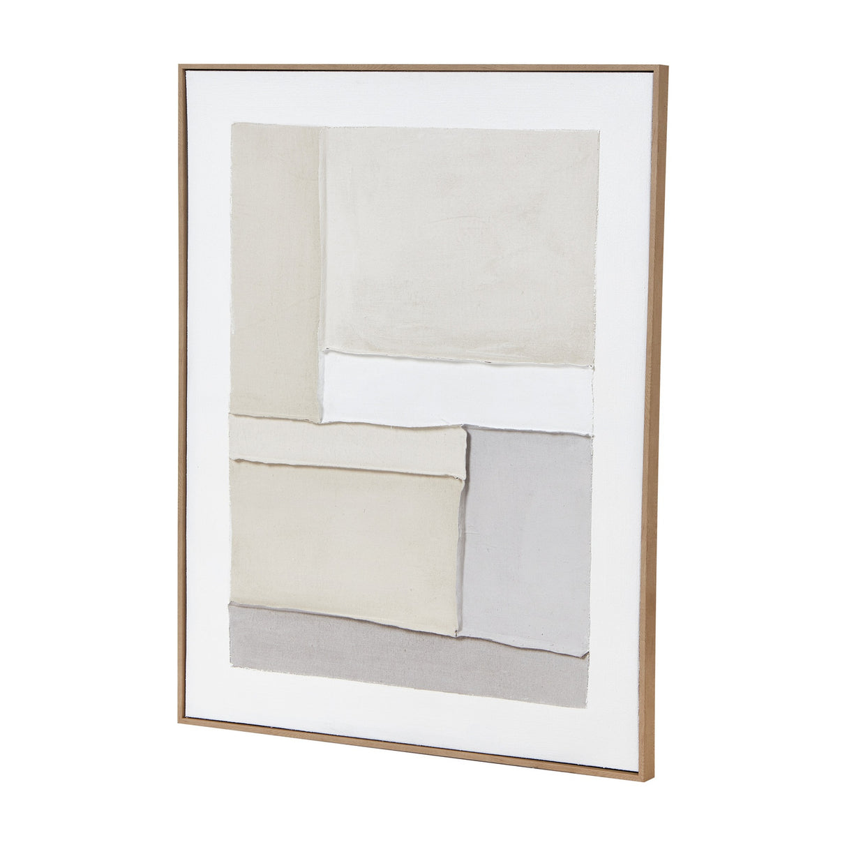 Hill Interiors Framed Painting on Canvas in portrait format, featuring layered cream, white and grey abstract blocks within a slim light wood frame.