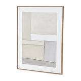 Hill Interiors Framed Painting on Canvas in portrait format, featuring layered cream, white and grey abstract blocks within a slim light wood frame.