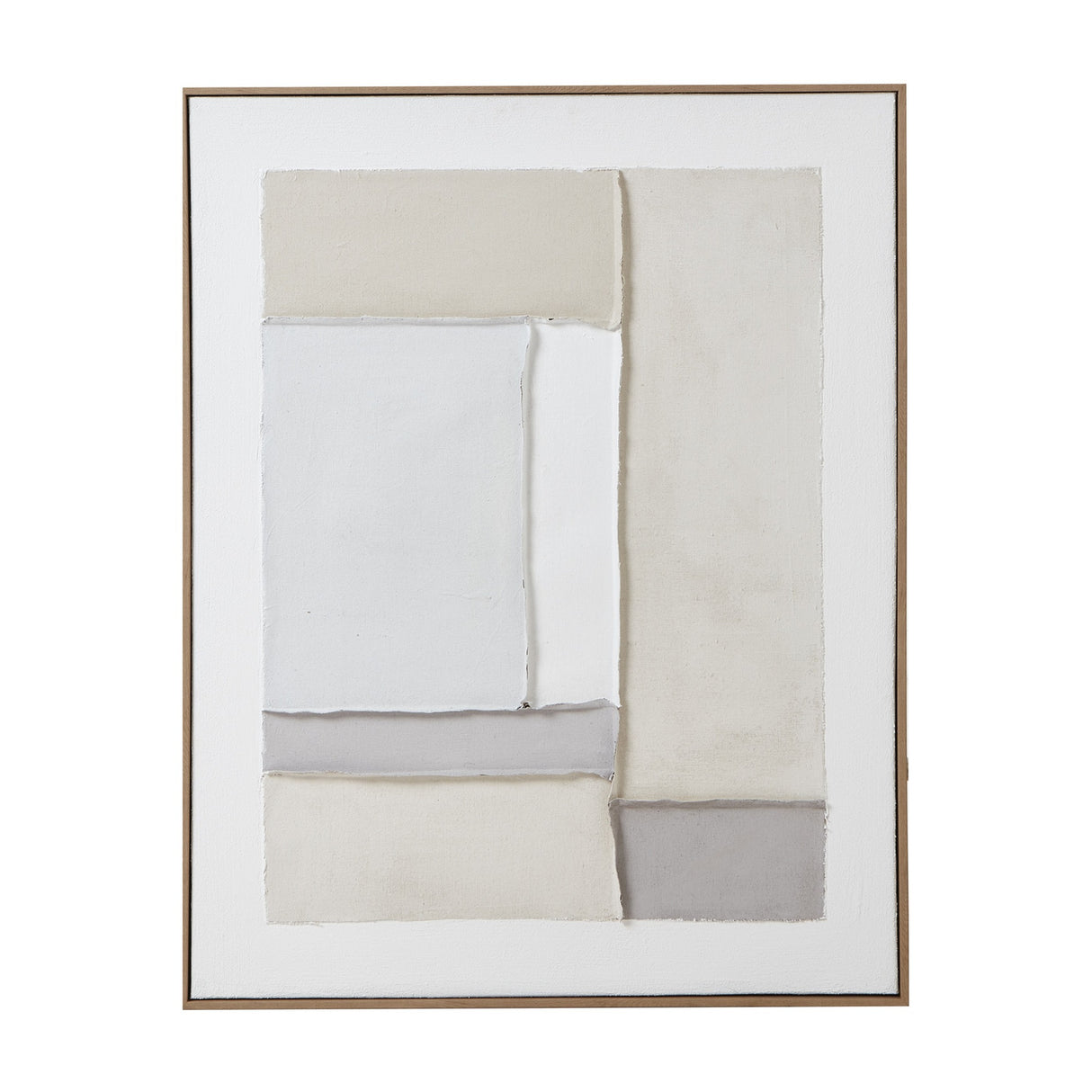 Hill Interiors Beta Framed Canvas Painting in portrait format, showing layered beige, cream and grey abstract shapes on white within a slim wood frame.