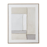 Hill Interiors Beta Framed Canvas Painting in portrait format, showing layered beige, cream and grey abstract shapes on white within a slim wood frame.