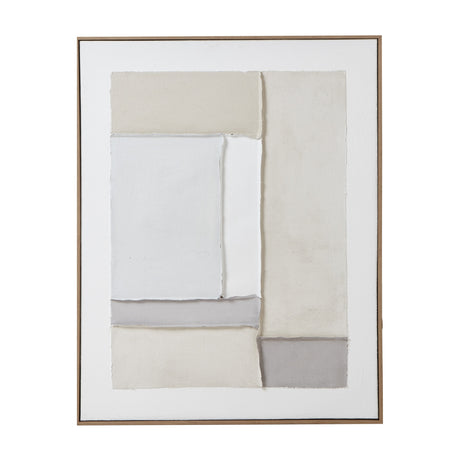 Hill Interiors Beta Framed Canvas Painting in portrait format, showing layered beige, cream and grey abstract shapes on white within a slim wood frame.
