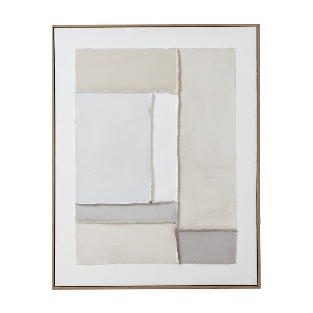 Hill Interiors Beta Framed Canvas Painting in portrait format, showing layered beige, cream and grey abstract shapes on white within a slim wood frame.
