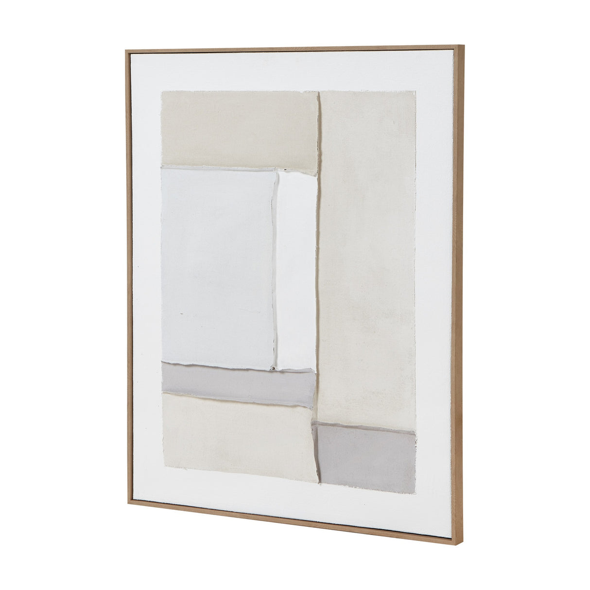 Hill Interiors Beta Framed Canvas Painting in brown, portrait wall art with abstract cream, white and grey blocks set in a solid wood frame.