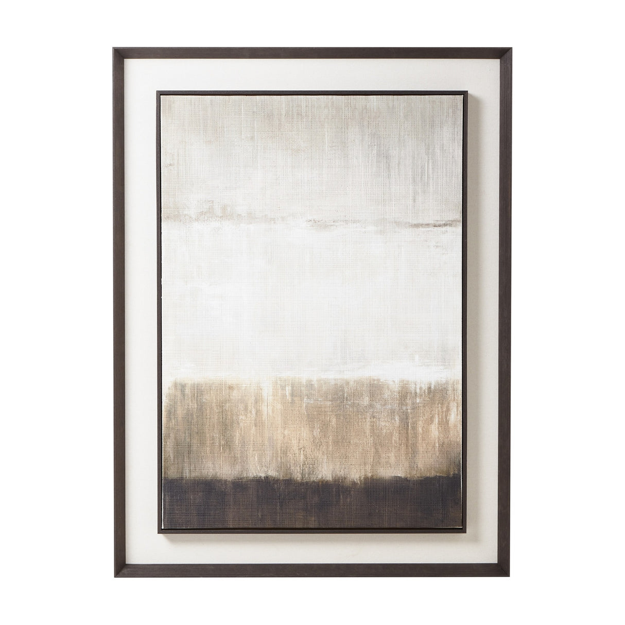 Hill Interiors extra large portrait wall art on natural linen with abstract brown, beige and cream tones, mounted in a dark solid wood frame.
