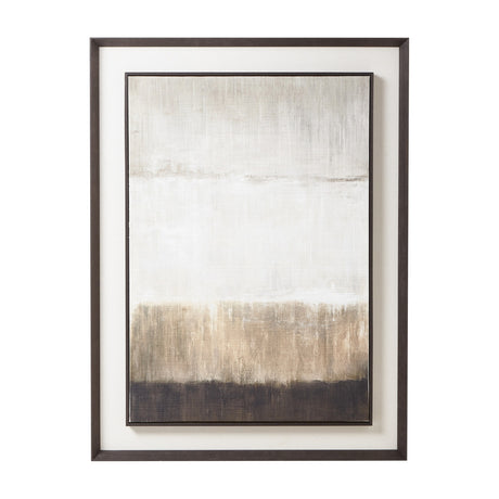 Hill Interiors extra large portrait wall art on natural linen with abstract brown, beige and cream tones, mounted in a dark solid wood frame.