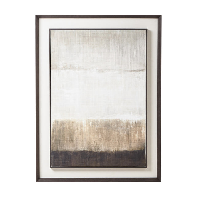 Hill Interiors extra large portrait wall art on natural linen with abstract brown, beige and cream tones, mounted in a dark solid wood frame.