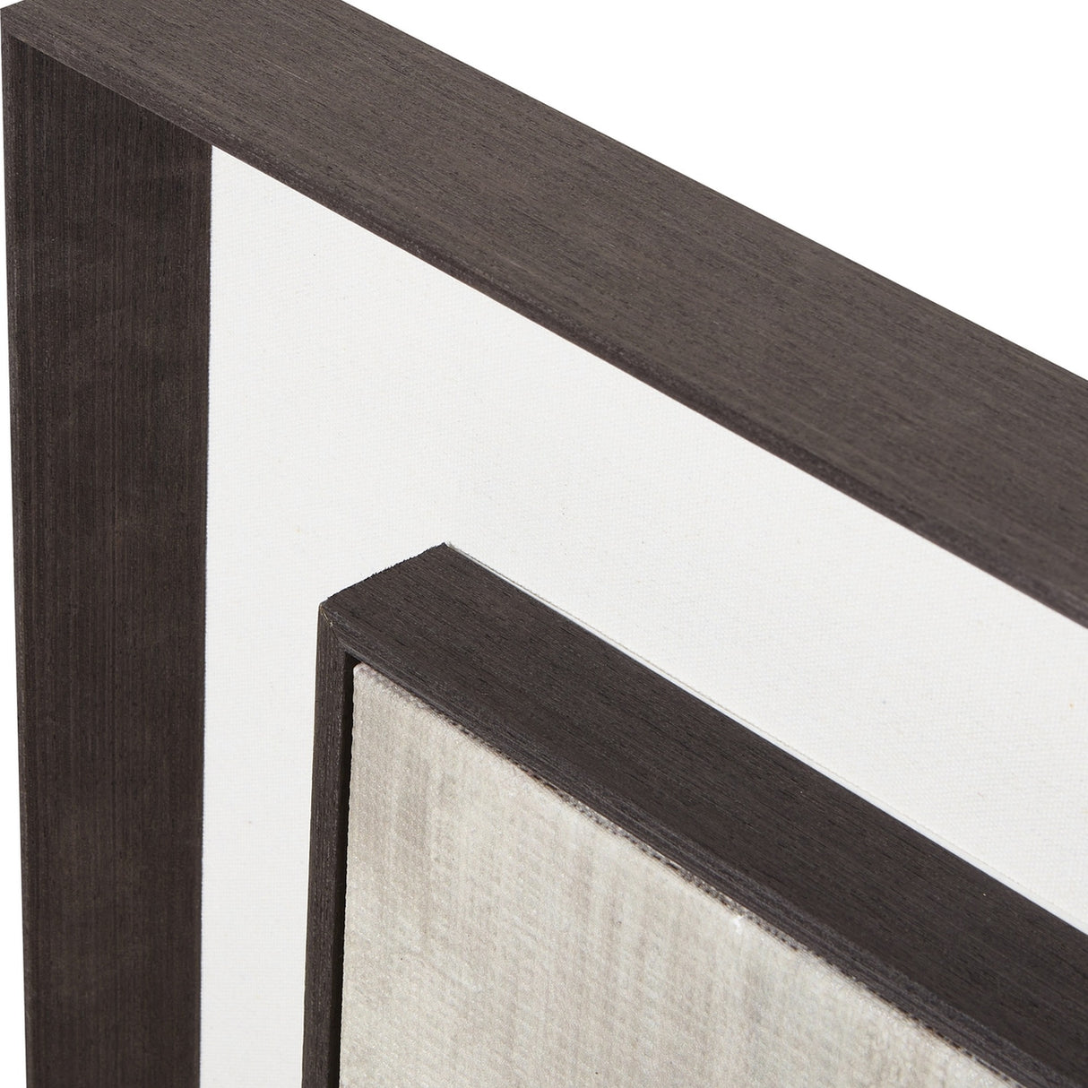 Close-up corner detail of Hill Interiors Extra Large Painting on Linen, showing the dark brown solid wood frame and natural linen surface.