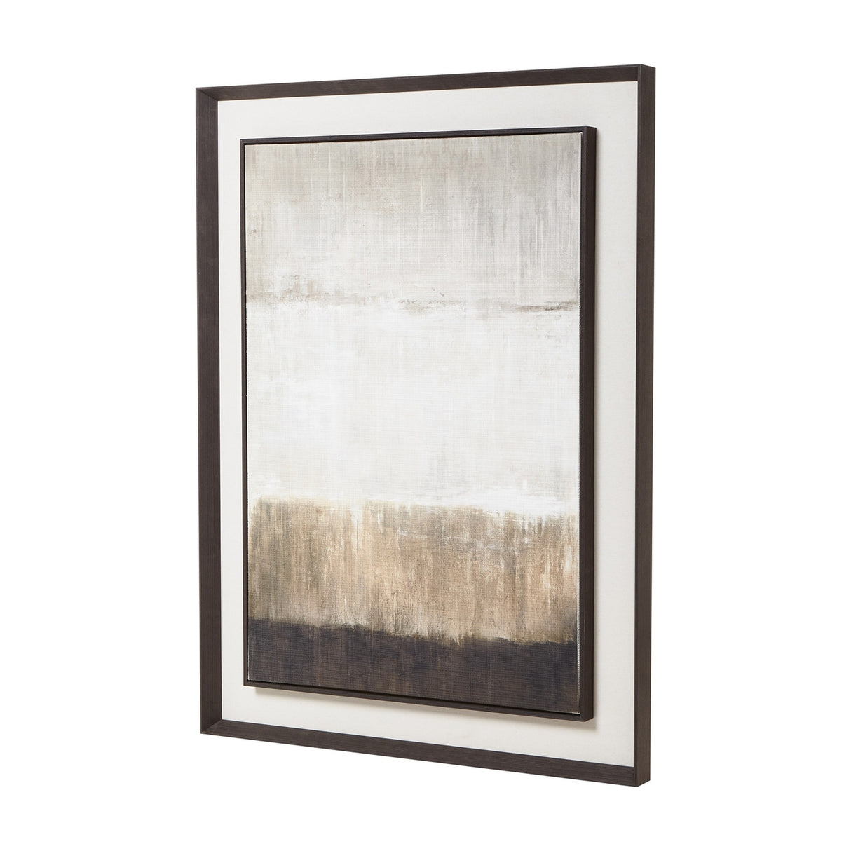 Hill Interiors extra large portrait wall art on linen with abstract brown, cream and dark grey bands, mounted in a solid dark wood frame with white border.