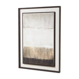 Hill Interiors extra large portrait wall art on linen with abstract brown, cream and dark grey bands, mounted in a solid dark wood frame with white border.