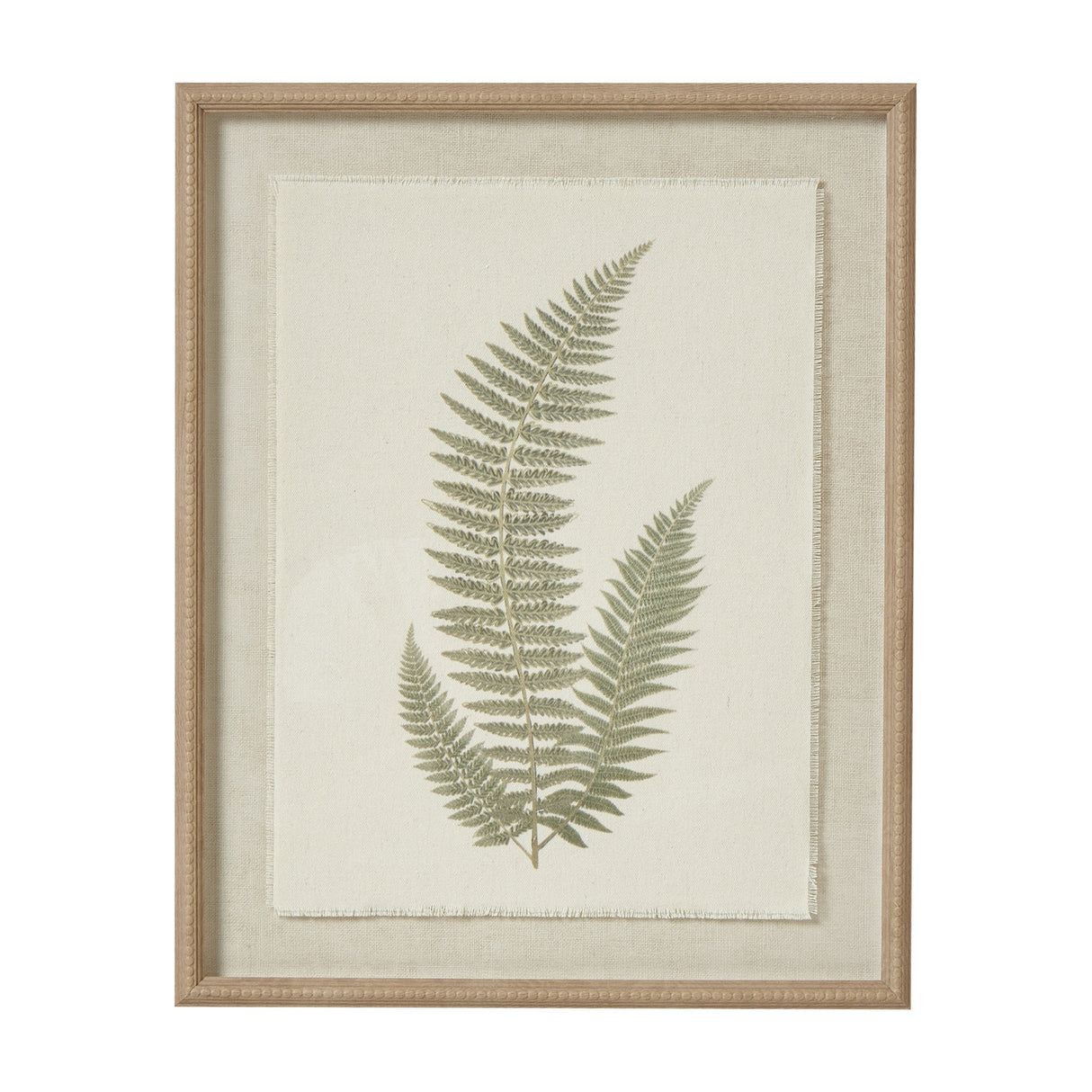 Fern Botanical Print on Texture-Torn Paper with Beaded Frame – White
