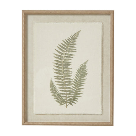 Hill Interiors fern botanical print on cream texture-torn paper with frayed edges, set in a portrait white beaded wood frame with glass front.