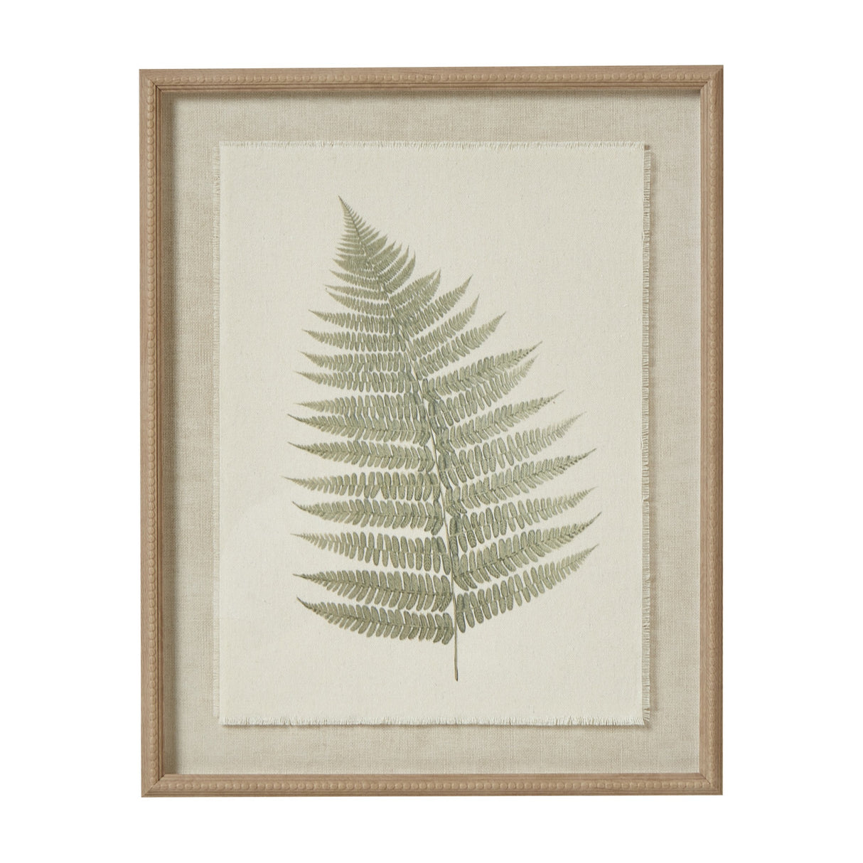 Hill Interiors Bracken Botanical print on texture-torn paper, showing a green fern frond in portrait orientation within a slim beaded white wooden frame.