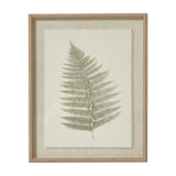 Hill Interiors Bracken Botanical print on texture-torn paper, showing a green fern frond in portrait orientation within a slim beaded white wooden frame.