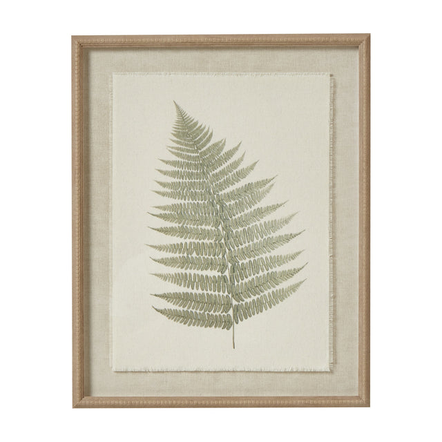 Hill Interiors Bracken Botanical print on texture-torn paper, showing a green fern frond in portrait orientation within a slim beaded white wooden frame.
