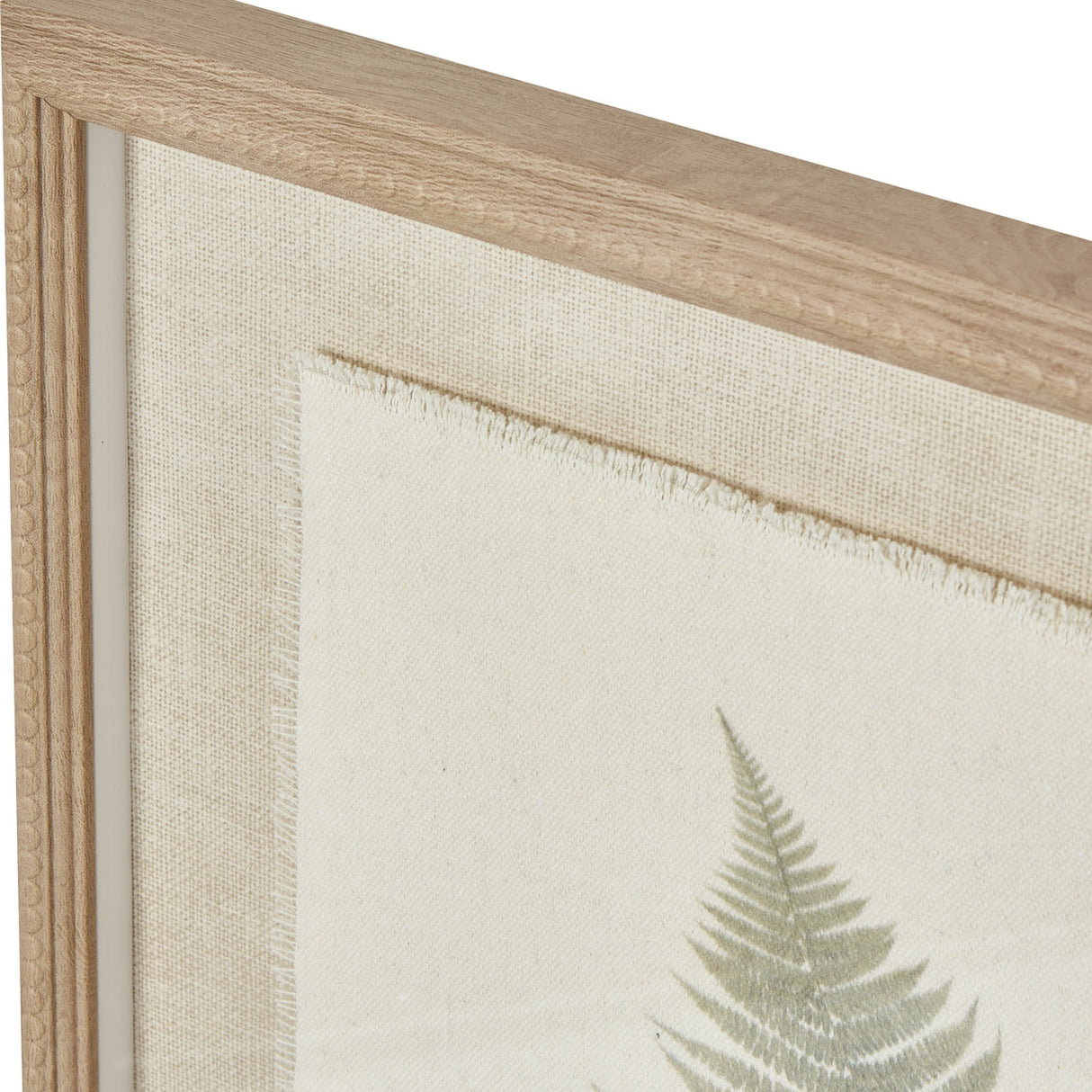 Close-up of the Hill Interiors Bracken Botanical print's corner, showing the slim beaded white frame, linen mount and torn-edge paper with a green fern.