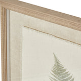 Close-up of the Hill Interiors Bracken Botanical print's corner, showing the slim beaded white frame, linen mount and torn-edge paper with a green fern.