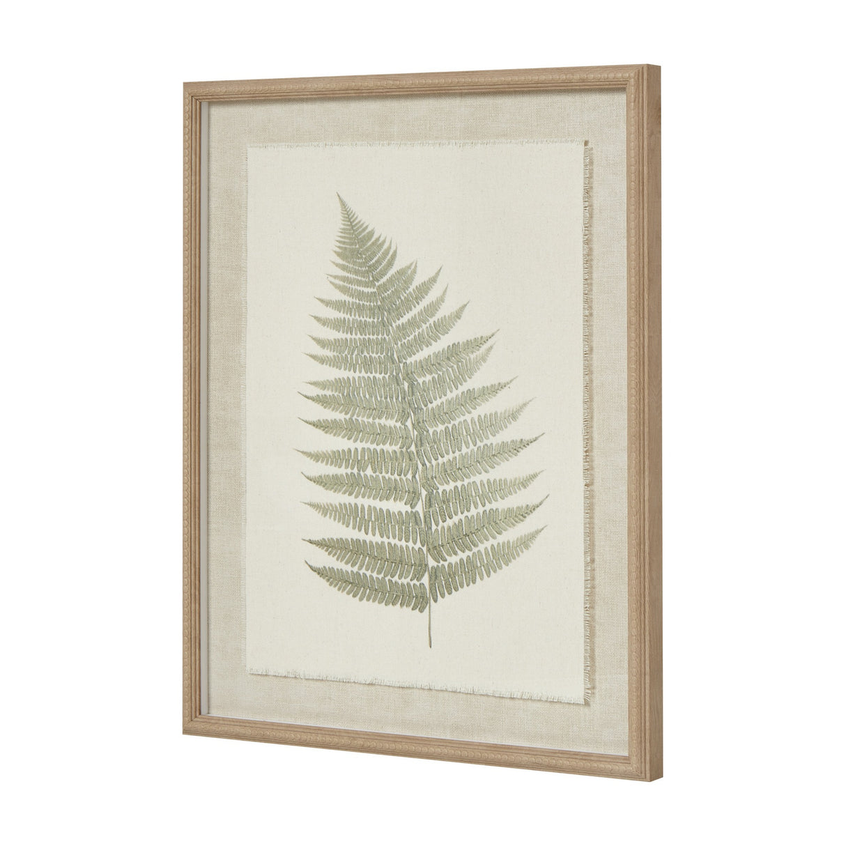 Hill Interiors Bracken Botanical print on texture-torn paper, framed in a slim white beaded frame behind glass, shown at an angle.